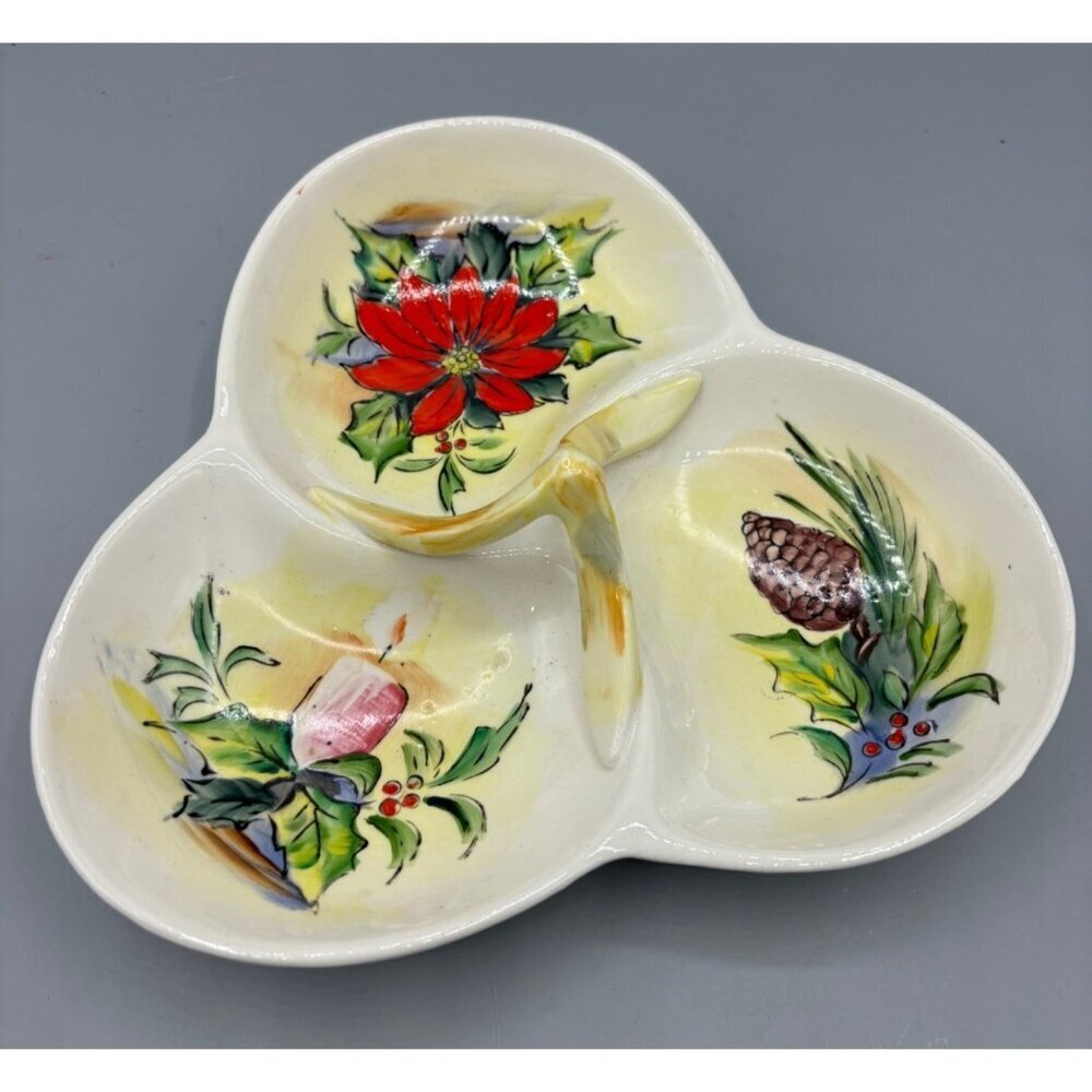 Vtg Ucagco Japan‎ Tri-Section Holiday Ceramic Serving Trinket Dish Holly